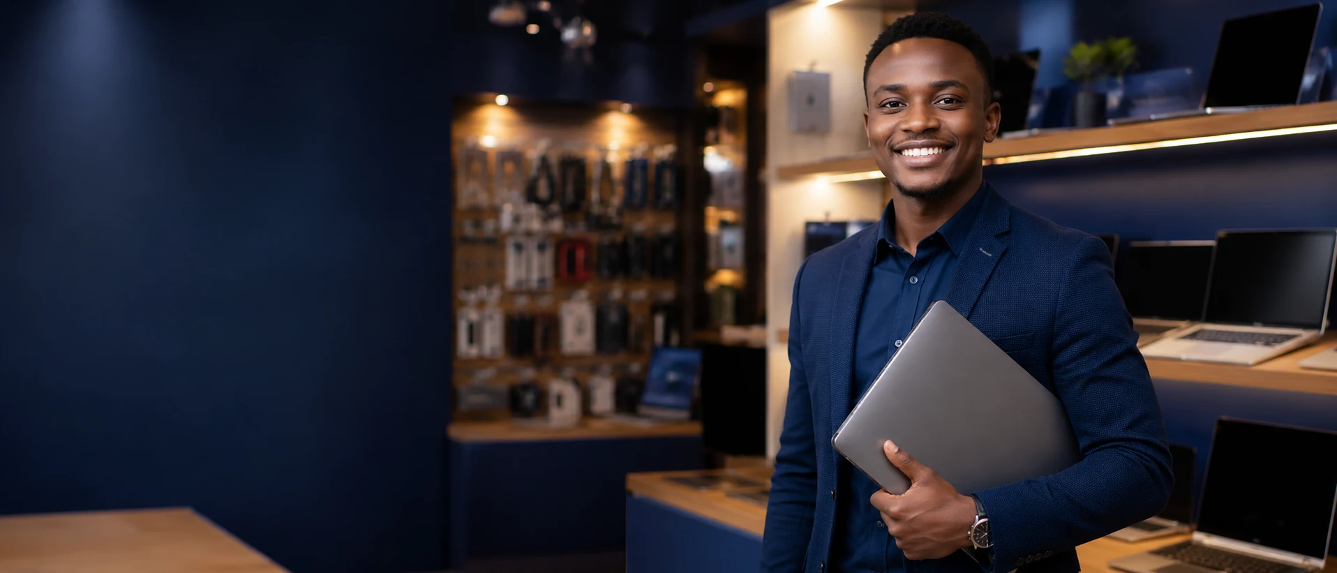 Happy customer holding a laptop in a computer shop