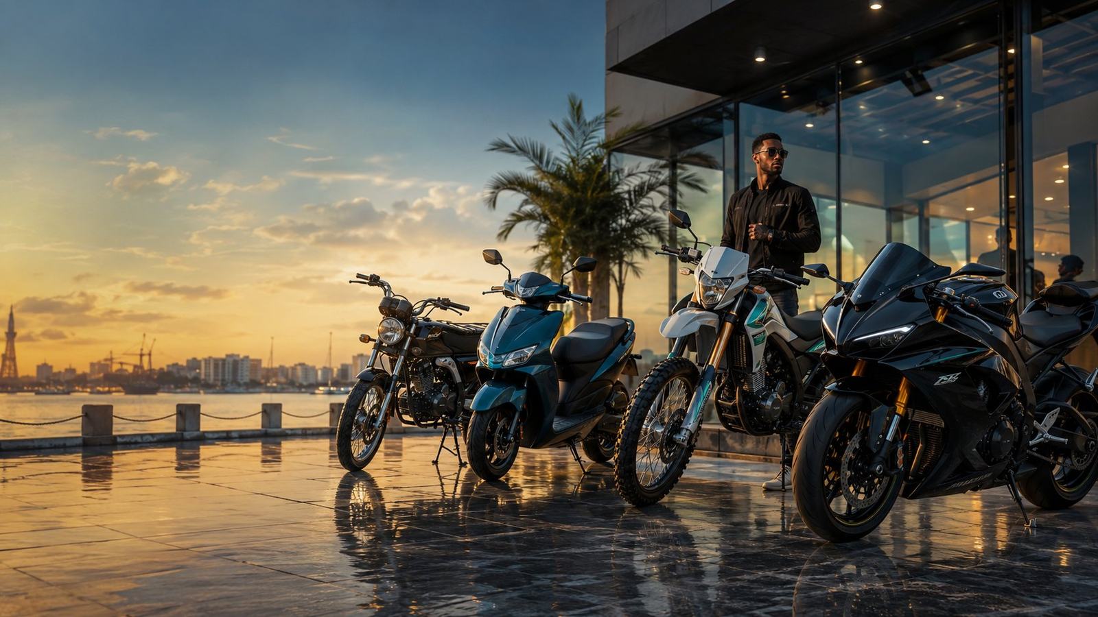 Mombasa waterfront motorcycle showroom with boda bikes, scooters, trail bikes and superbikes